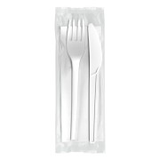 BIO Bestecksets Gabel Messer aus CLPA mit Serviette, weiß, ca. 17cm, 50 Sets